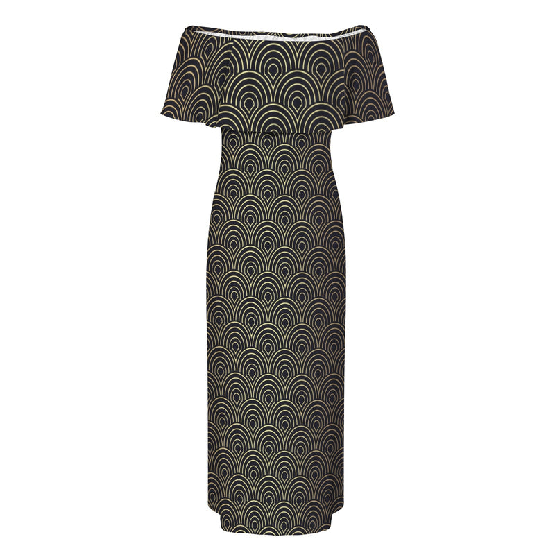 gold shell purse print Women's Off Shoulder Ruffle Boat Neck Dress (Model D71)