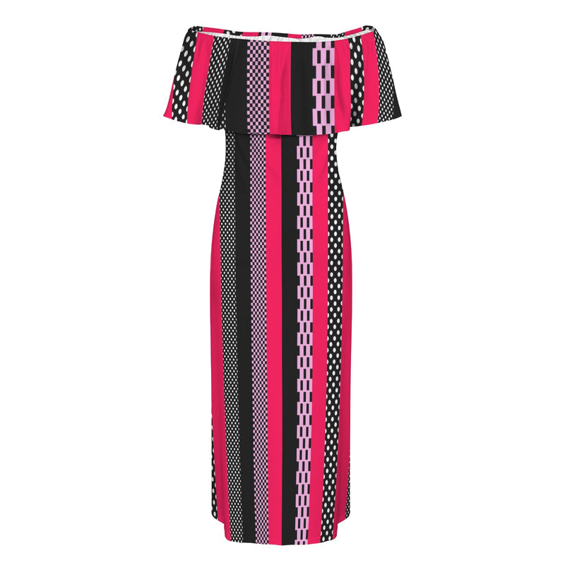 eclectic stripe print 4 Women's Off Shoulder Ruffle Boat Neck Dress (Model D71)