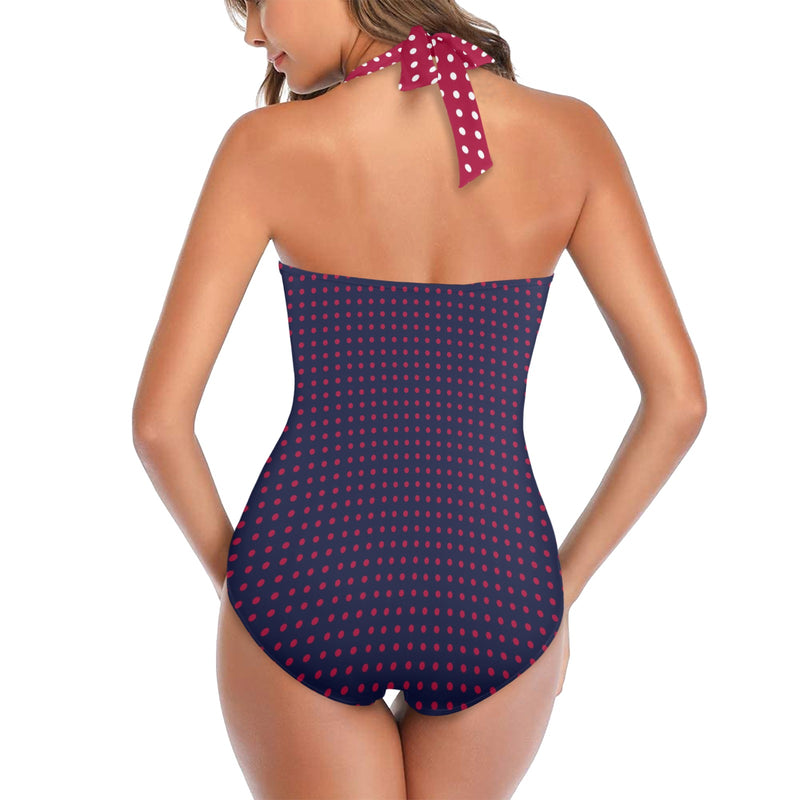 white red polke print Women's Halter Neck Gather Chest Swimsuit (Model S52)