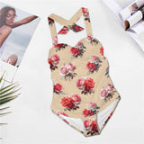 big rose print pink and red Women's Halter Neck Gather Chest Swimsuit (Model S52)