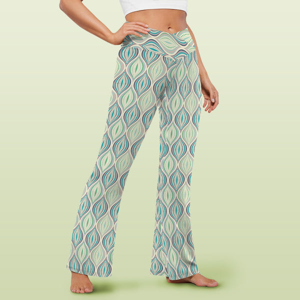 ogee light green print 2A High Waist Crossover Tummy Control Flare Leggings