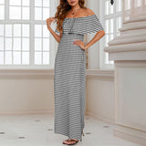 white dot print 2B Women's Off Shoulder Ruffle Boat Neck Dress (Model D71)