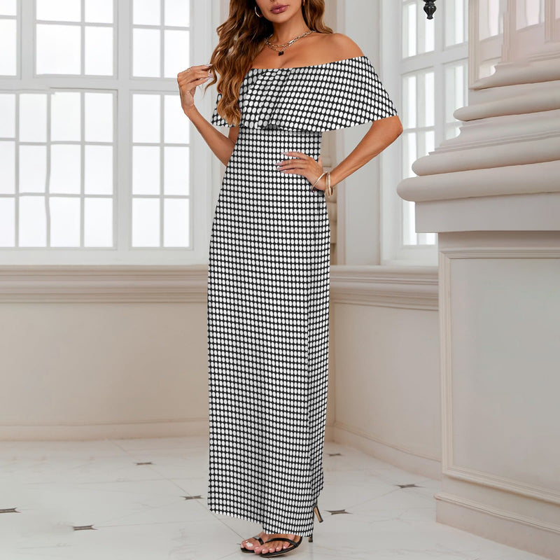 white dot print 2B Women's Off Shoulder Ruffle Boat Neck Dress (Model D71)