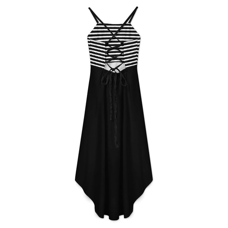 Striped Tailcoat High-Low Spaghetti Strap Dress