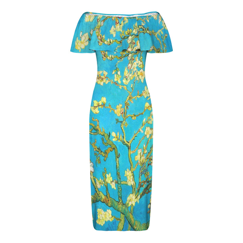 2 small blue almond art Women's Off Shoulder Ruffle Boat Neck Dress (Model D71)