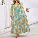 Retro Petals Round Neck Long Sleeve Belted Maxi Dress