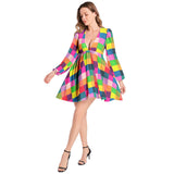 Lantern Sleeve Deep V-Neck Short Dress