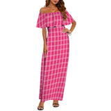 pink plaid print 2B Women's Off Shoulder Ruffle Boat Neck Dress (Model D71)