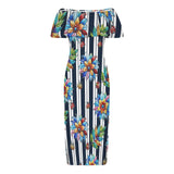 stained glass garden print 2A Women's Off Shoulder Ruffle Boat Neck Dress (Model D71)