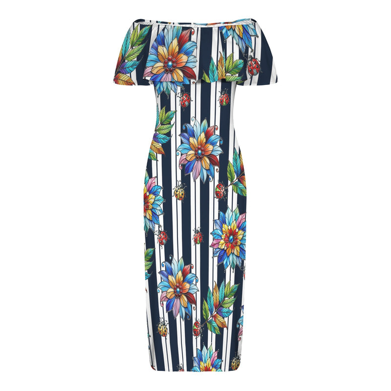 stained glass garden print 2A Women's Off Shoulder Ruffle Boat Neck Dress (Model D71)