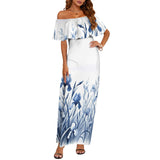 Delft Blue Iris Women's Off Shoulder Ruffle Boat Neck Dress