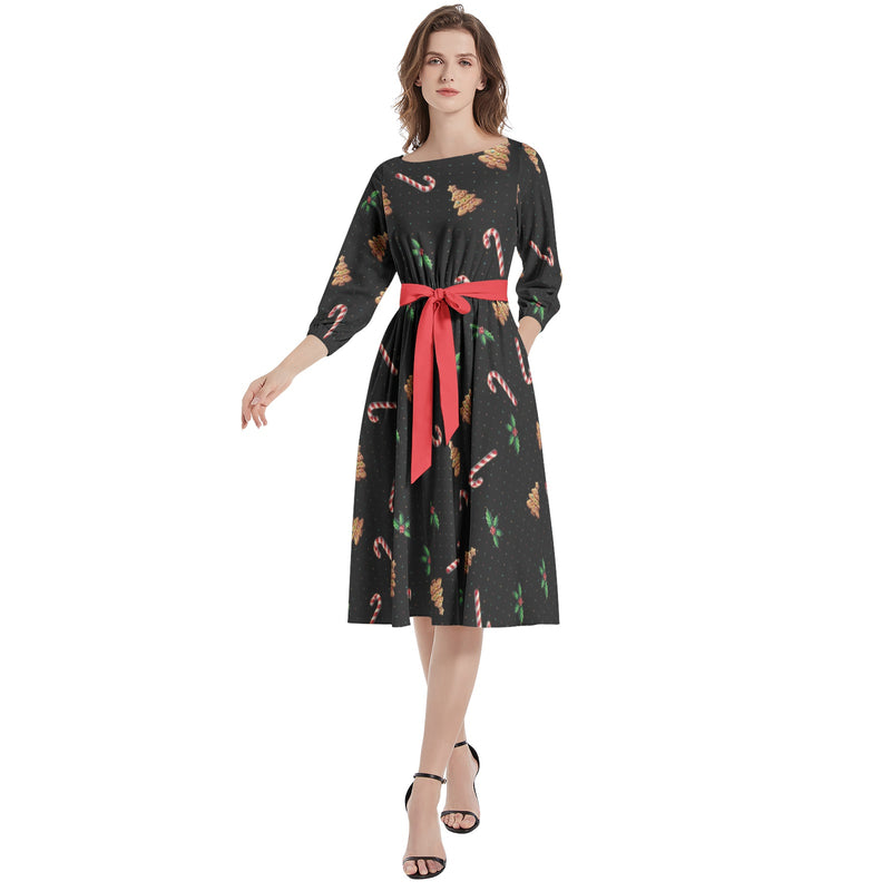 Boat Neck Belted Flared Dress