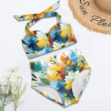 bikini print abstract floral Women's Halter Neck Gather Chest Bikini Swimsuit (Model S53)