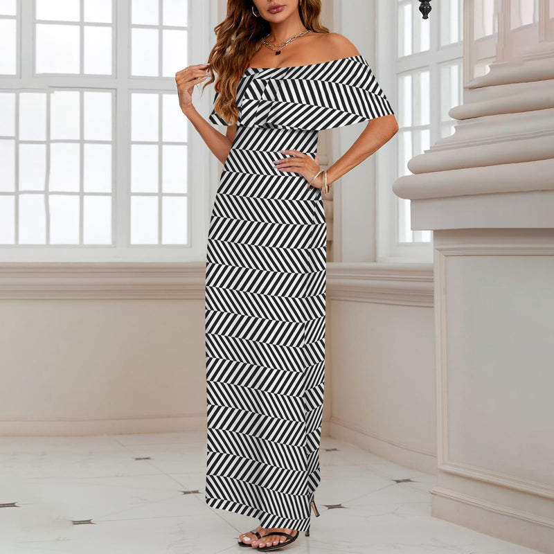 Herringbone Leggings Women's Off Shoulder Ruffle Boat Neck Dress (Model D71)