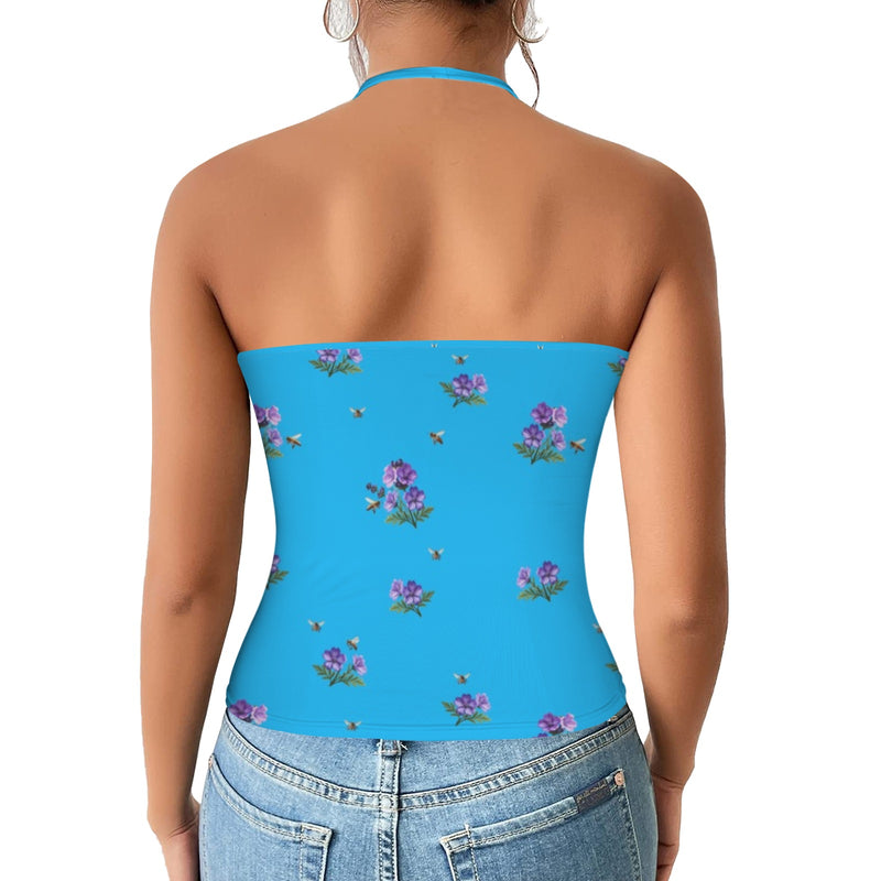 apiary blue print 5 Women's V-Neck Halter Top (Model T83)