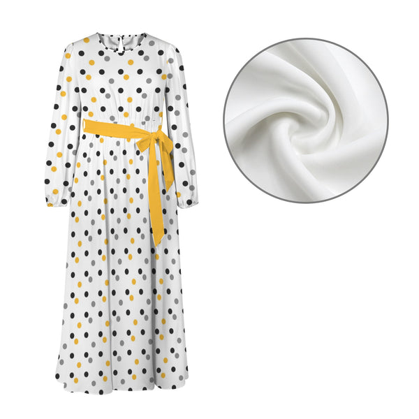 Polka Dot Round Neck Long Sleeve Belted Maxi Dress