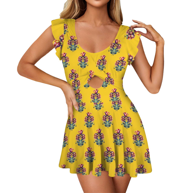 gold floral print 2 Women's Ruffle Sleeve Skirted Swimsuit (Model S59)