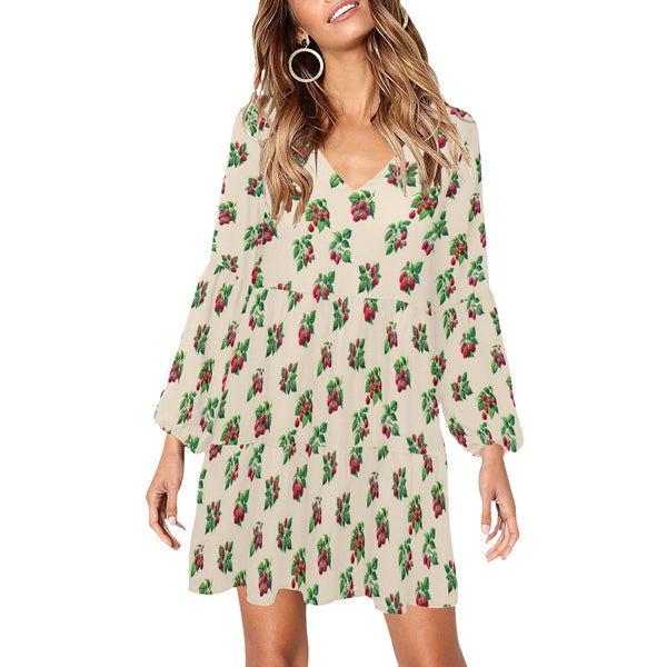 raspberry on tan print 3B V-Neck Loose Fit Dress (Model D62)