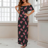 candy cane black background print Women's Off Shoulder Ruffle Boat Neck Dress (Model D71)