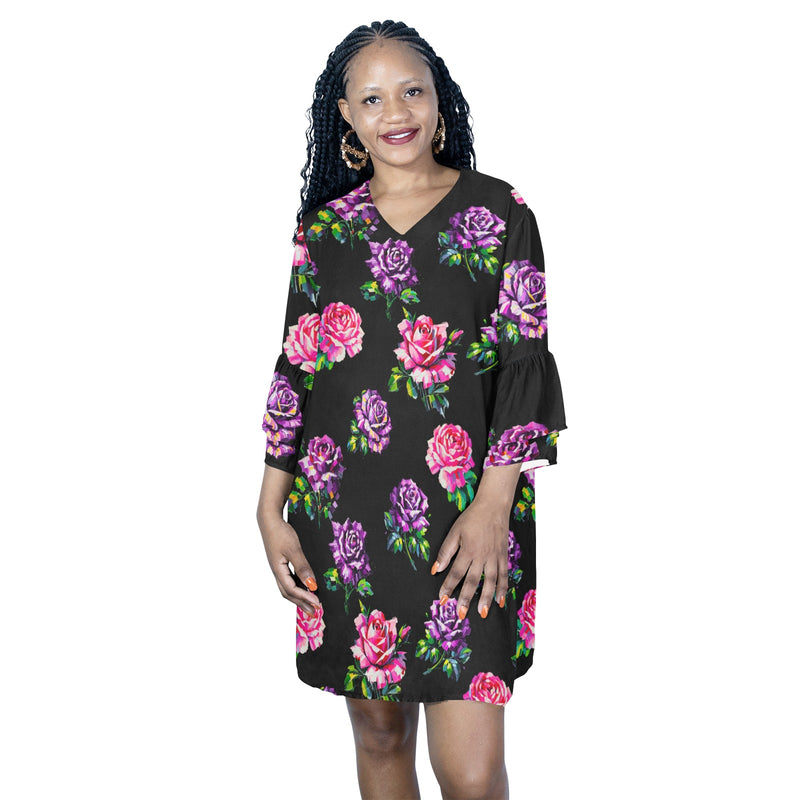 color block floral print 2A Half Sleeves V-Neck Mini Dress (Model D63)