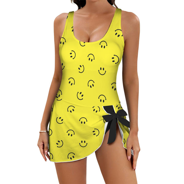 black solid print skirt Women's One Piece Skirted Swimsuit (Model S54)