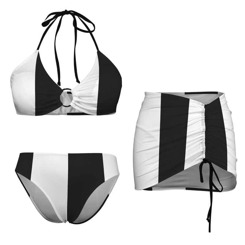 It Comes In Black Drawstring Halterneck Three-Piece Swimsuit Skirt