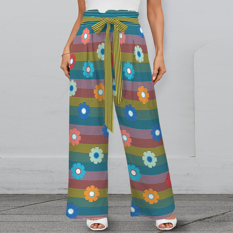 striped print 2B Strappy Elastic Waist Wide Leg Pants with Pockets