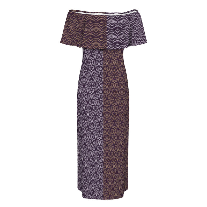 two tone shell print Women's Off Shoulder Ruffle Boat Neck Dress (Model D71)