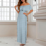 compound leaf print 2A Women's Off Shoulder Ruffle Boat Neck Dress (Model D71)