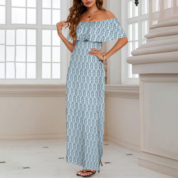 compound leaf print 2A Women's Off Shoulder Ruffle Boat Neck Dress (Model D71)