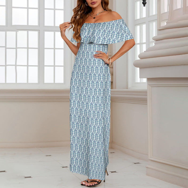 compound leaf print 2A Women's Off Shoulder Ruffle Boat Neck Dress (Model D71)