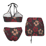 shades of red hibiscus print Drawstring Halterneck Three-Piece Swimsuit Skirt