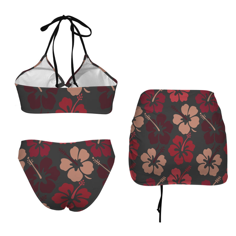 shades of red hibiscus print Drawstring Halterneck Three-Piece Swimsuit Skirt
