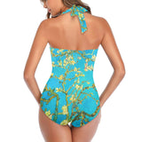 2 small blue almond art Women's Halter Neck Gather Chest Swimsuit (Model S52)