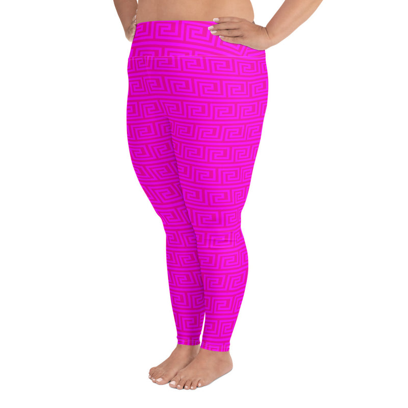 Fuchsia Greek Key Plus Size Leggings - Objet D'Art