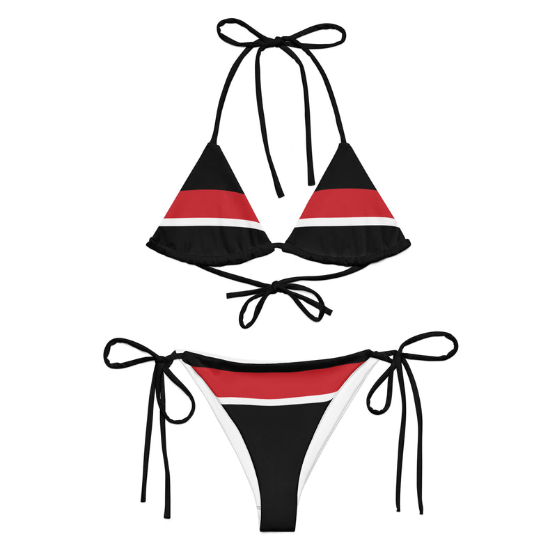 Front view of the Tricolored Blackbird recycled string bikini