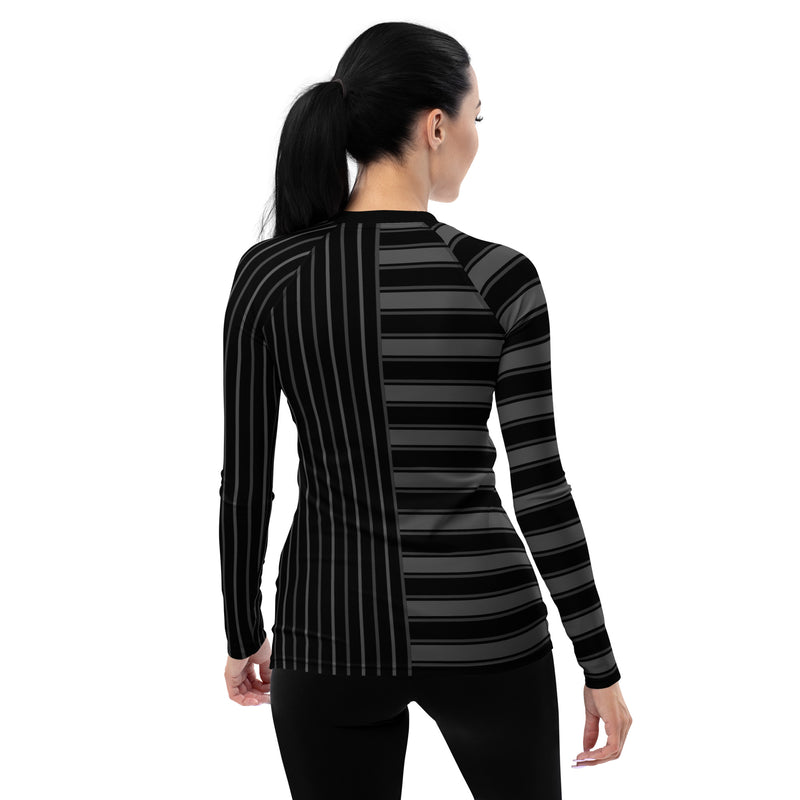 Gray and Black Striped Women's Rash Guard - Objet D'Art