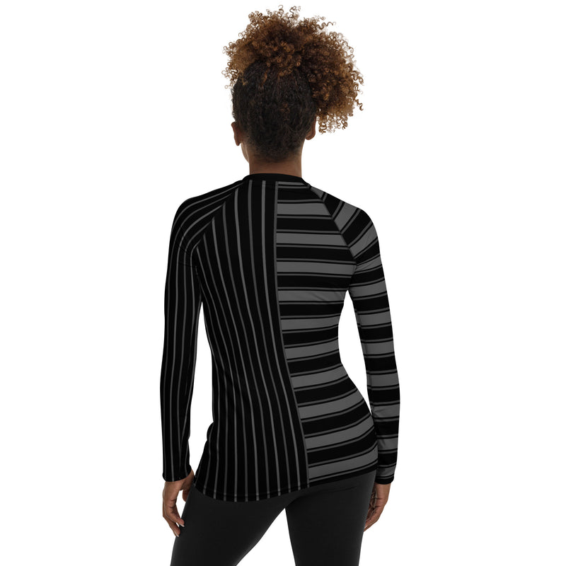 Gray and Black Striped Women's Rash Guard - Objet D'Art