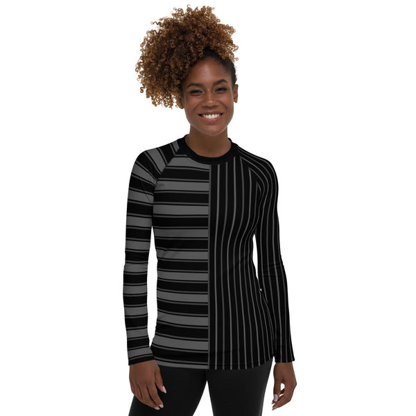 Gray and Black Striped Women's Rash Guard - Objet D'Art