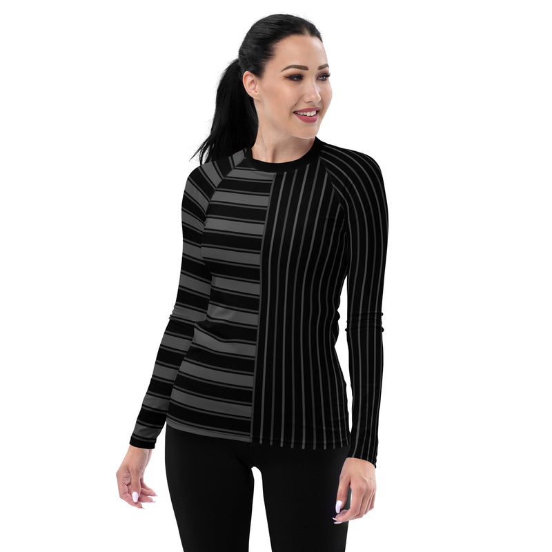 Gray and Black Striped Women's Rash Guard - Objet D'Art