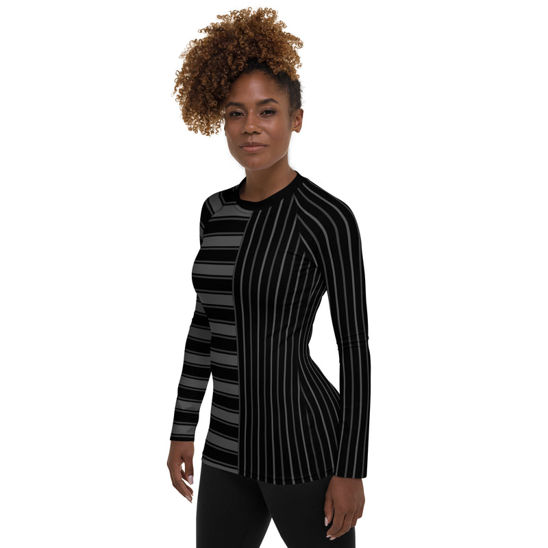 Gray and Black Striped Women's Rash Guard - Objet D'Art