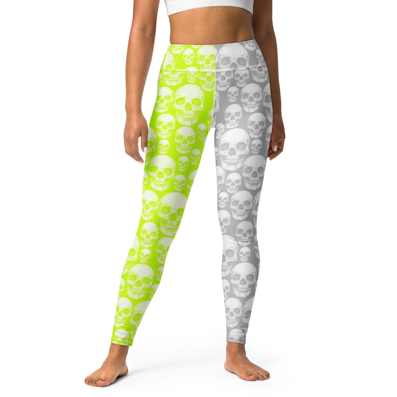 Neon green & Gray Skull Print Yoga Leggings - Objet D'Art