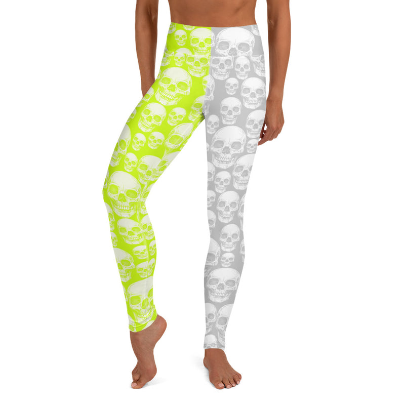 Neon green & Gray Skull Print Yoga Leggings - Objet D'Art