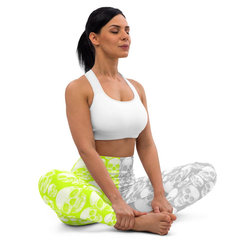 Neon green & Gray Skull Print Yoga Leggings - Objet D'Art