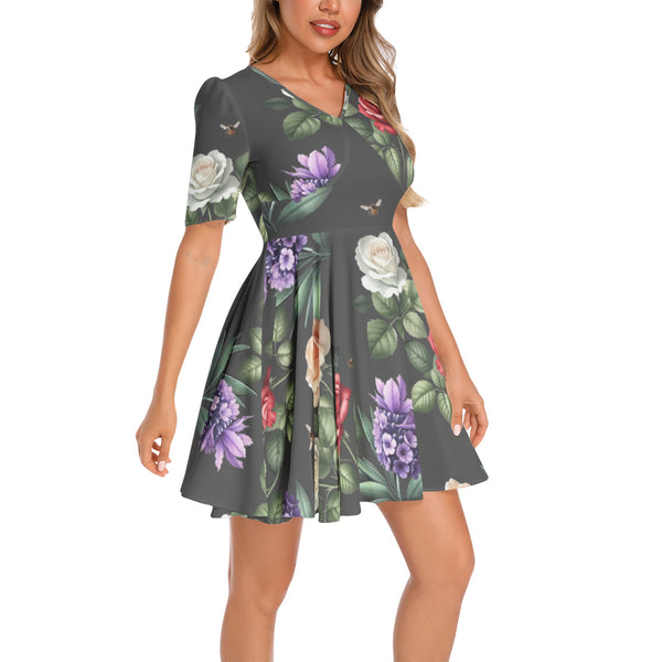 Short Sleeve Ruched Bust Flared Hem Dress