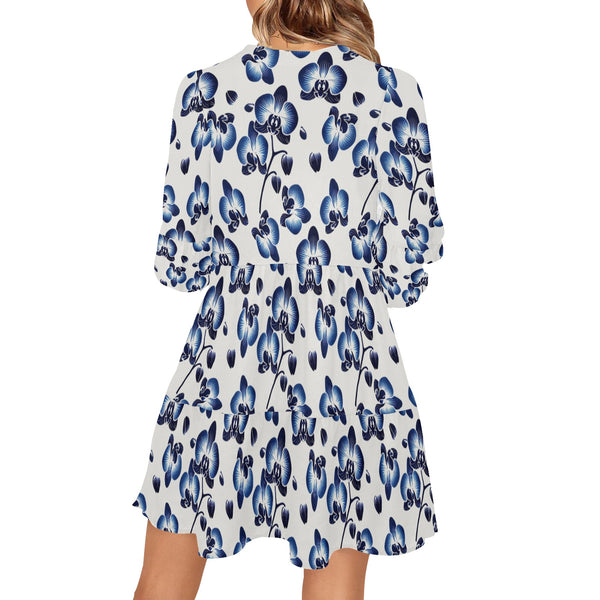 orchid print delft blue ombre V-Neck Loose Fit Dress (Model D62)