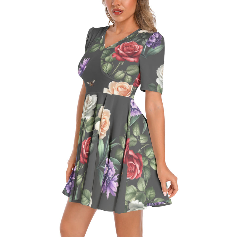 Short Sleeve Ruched Bust Flared Hem Dress