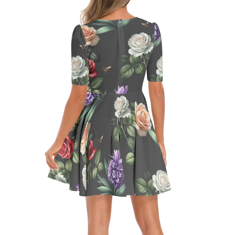Short Sleeve Ruched Bust Flared Hem Dress
