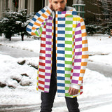 rectangle matrix print Men's Mid-Length Hooded Coat (Model H69)