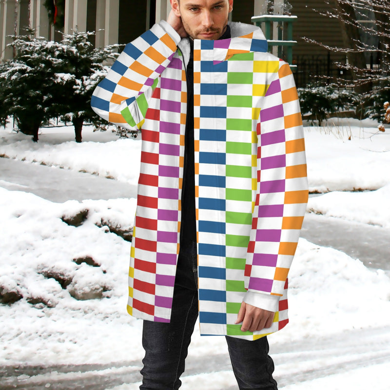 rectangle matrix print Men's Mid-Length Hooded Coat (Model H69)